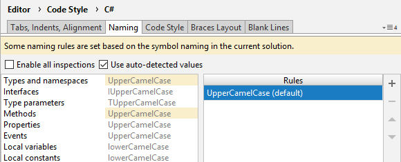 JetBrains Rider highlighting automatically-set naming rules with yellow