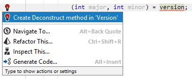 JetBrains Rider: Generating the Deconstruct method with a quick-fix