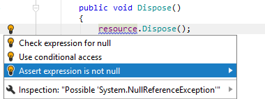 JetBrains Rider: Asserting expression for null