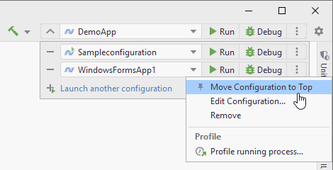 JetBrains Rider: Run/debug configurations. Launch list