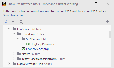 Show diff between selected branch and current working tree