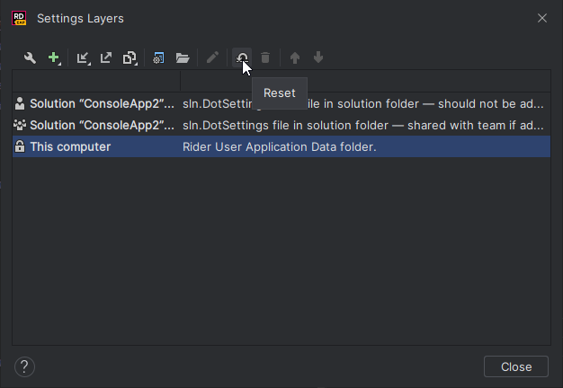 JetBrains Rider: Reset settings of selected layer