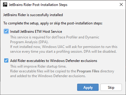 JetBrains Rider: Post installation options