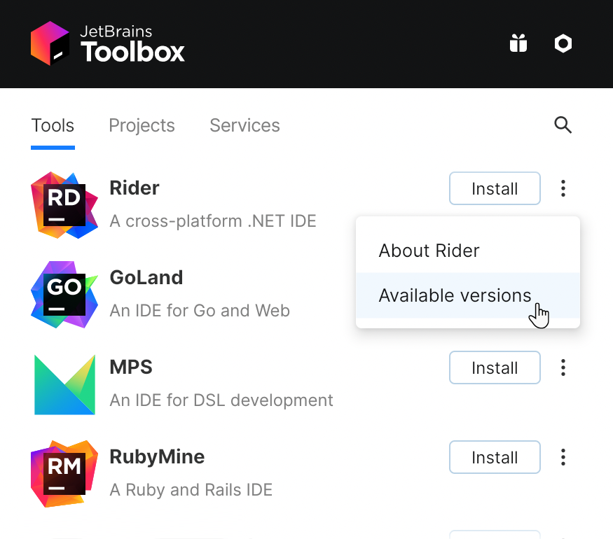 JetBrains Rider in the Toolbox App