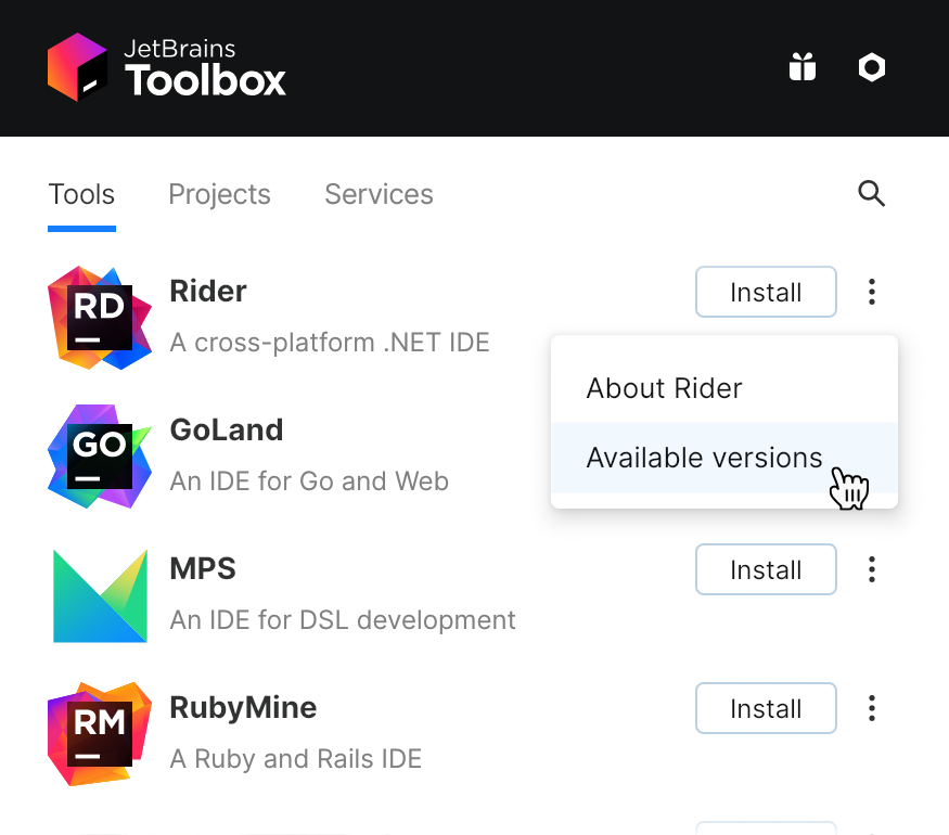 JetBrains Rider in the Toolbox App