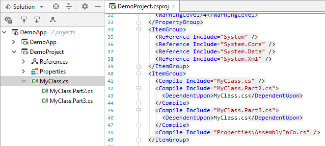 JetBrains Rider: Grouping related files using the DependentUpon element