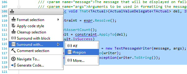 Surrounding a code block with #region