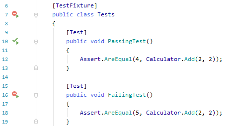 JetBrains Rider shows different indicators for unit tests in the editor