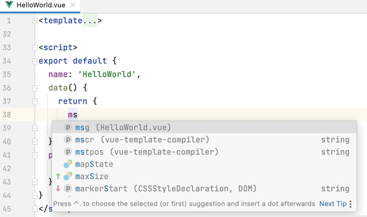 Vue.js: completion for ES6 inside <script> tag