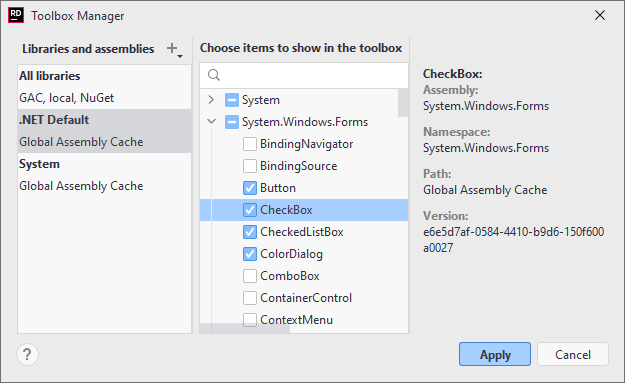 JetBrains Rider: Manage controls available in the Windows Forms designer