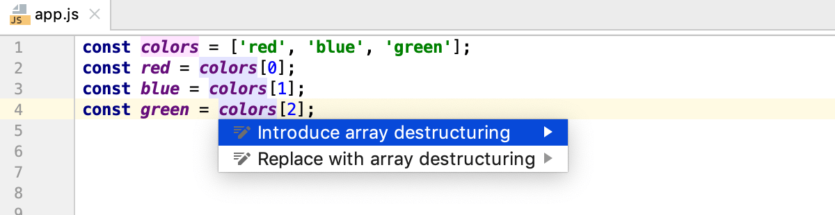 Destructuring with intention action: Introduce array destructuring