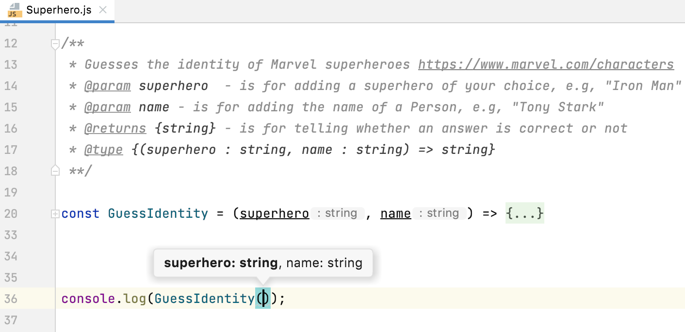 Parameter hints are shown based on type annotations within JSDoc in a JavaScript file