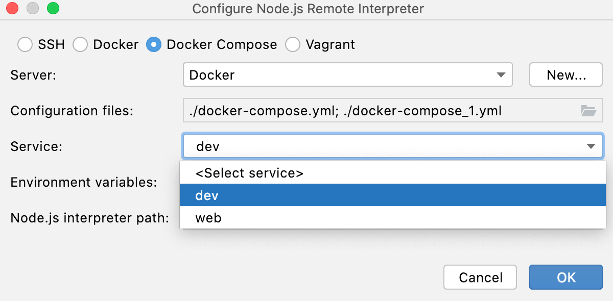 Configure Node.js interpreter via Docker Compose: select service