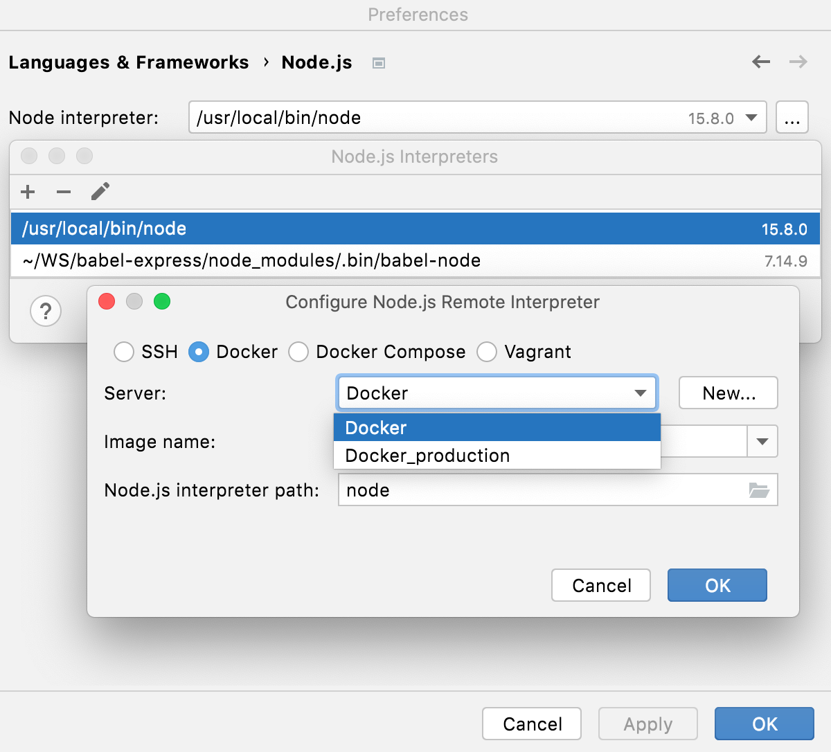 Configure Node.js interpreter in Docker container: select Docker server