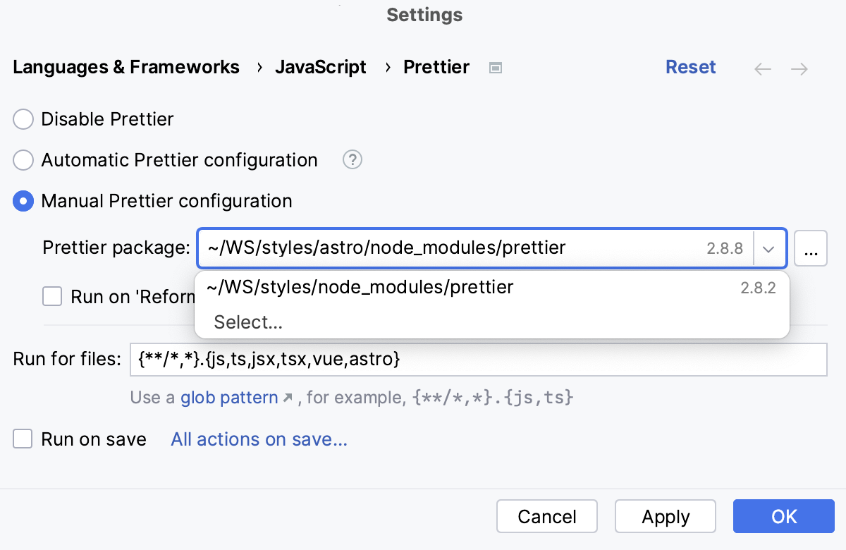 Configure Prettier: manual mode