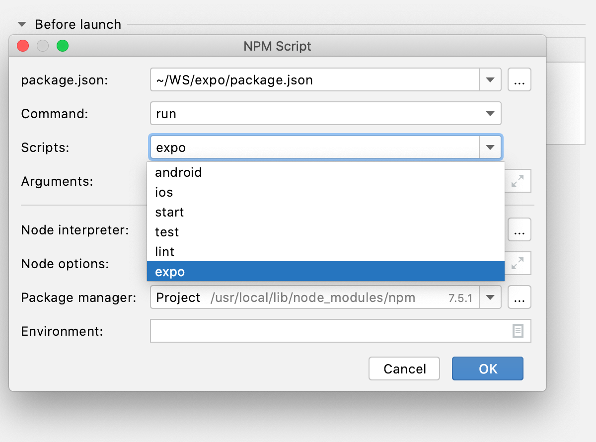 React Native Debug configuration for debugging with Expo: Select npm script to run Expo