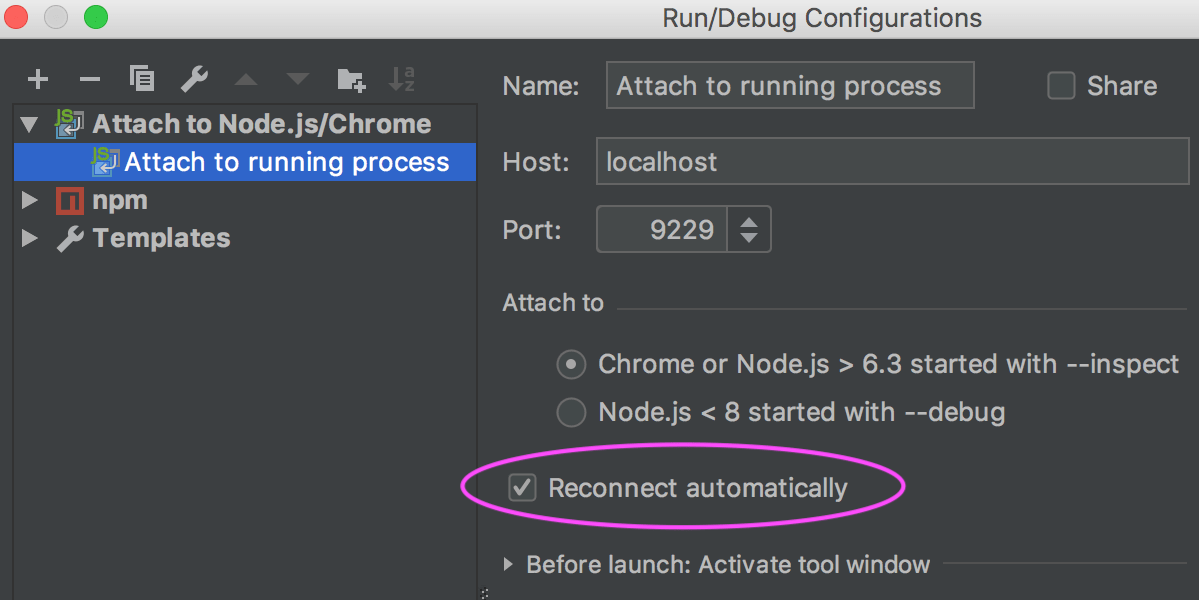 Attach no Node.js run configuration: select the Reconnect automatically checkbox