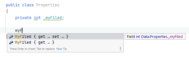 JetBrains Rider: Completion suggestion to generate a property for a field