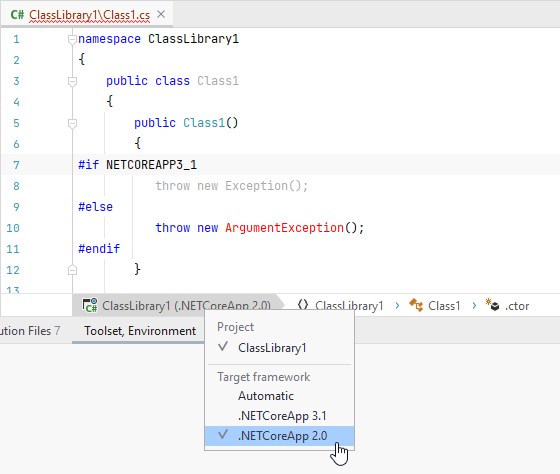 JetBrains Rider: Switching .NET Framework context from the editor
