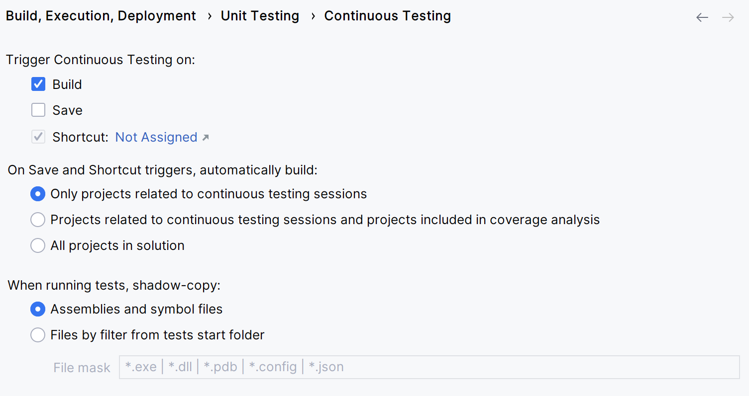 JetBrains Rider: Continuous Testing settings