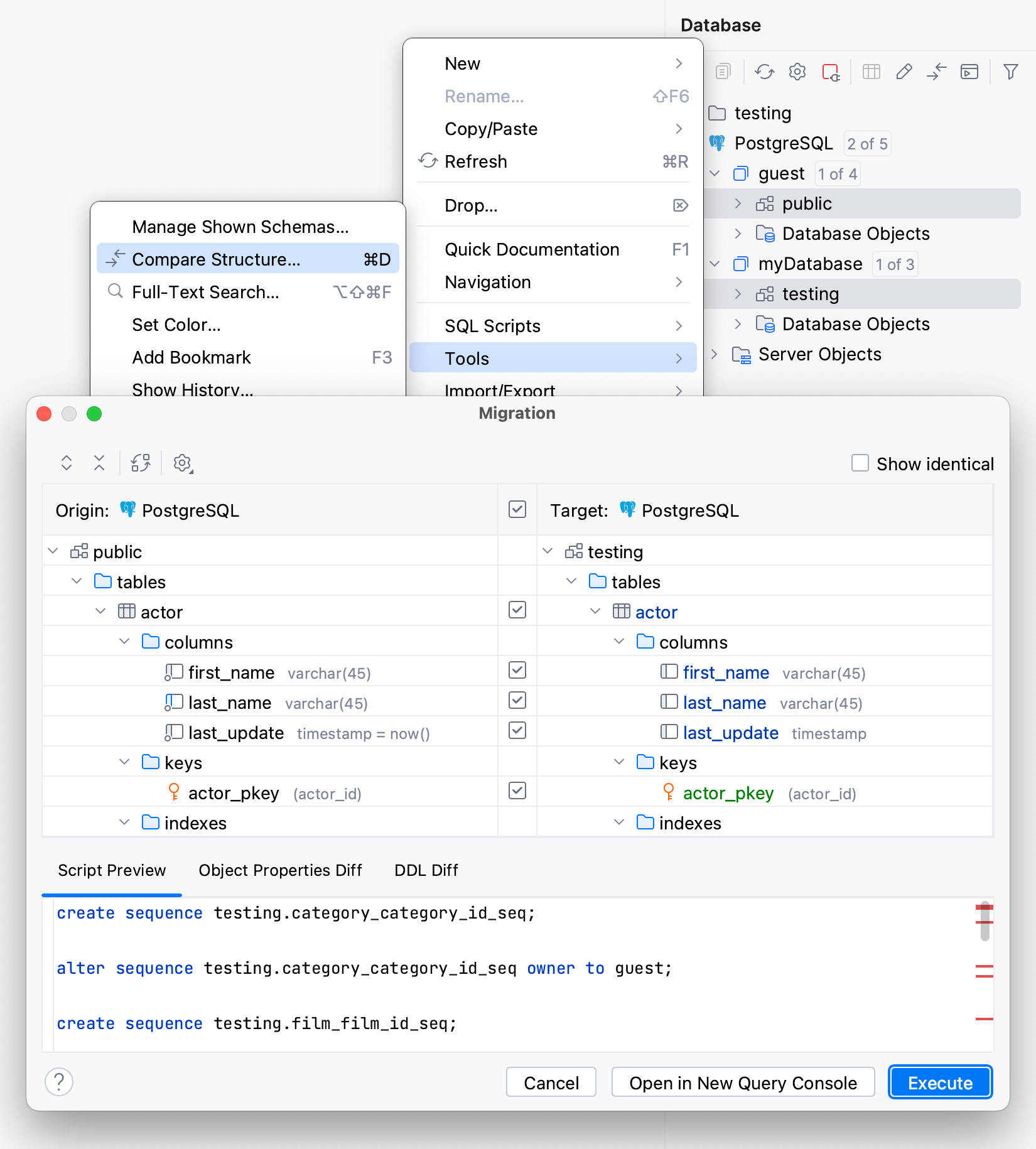 Differences between objects in the Migration dialog