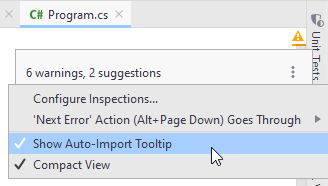 JetBrains Rider: Choosing import popup mode from the context menu of the file status indicator