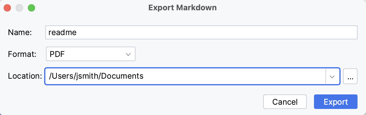 The Markdown Export dialog