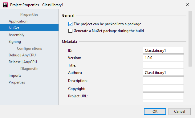 JetBrains Rider: Configuring NuGet properties for a .NET project