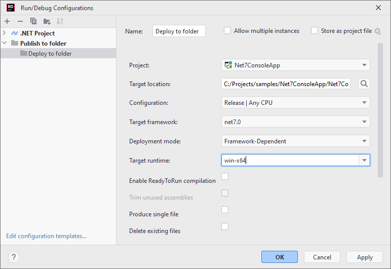JetBrains Rider: Run/Debug Configuration: Publish to Folder