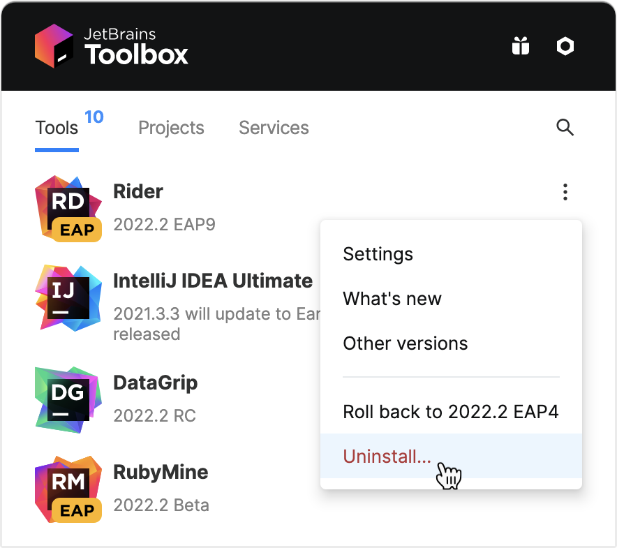 Uninstall JetBrains Rider using the Toolbox App