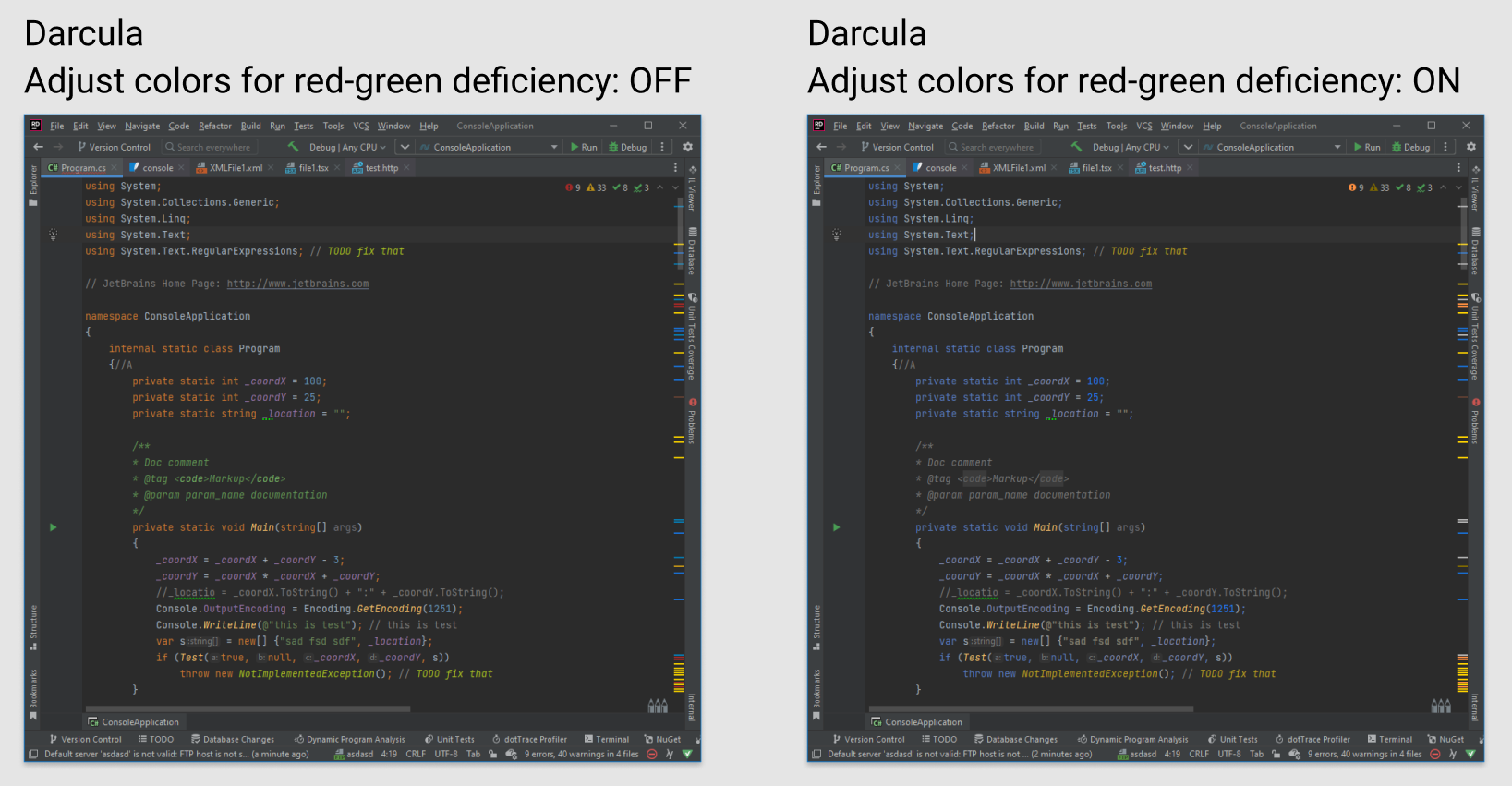 Special colors for the red-green color vision deficiency. Darcula theme