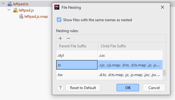 JetBrains Rider: Grouping related files using file nesting