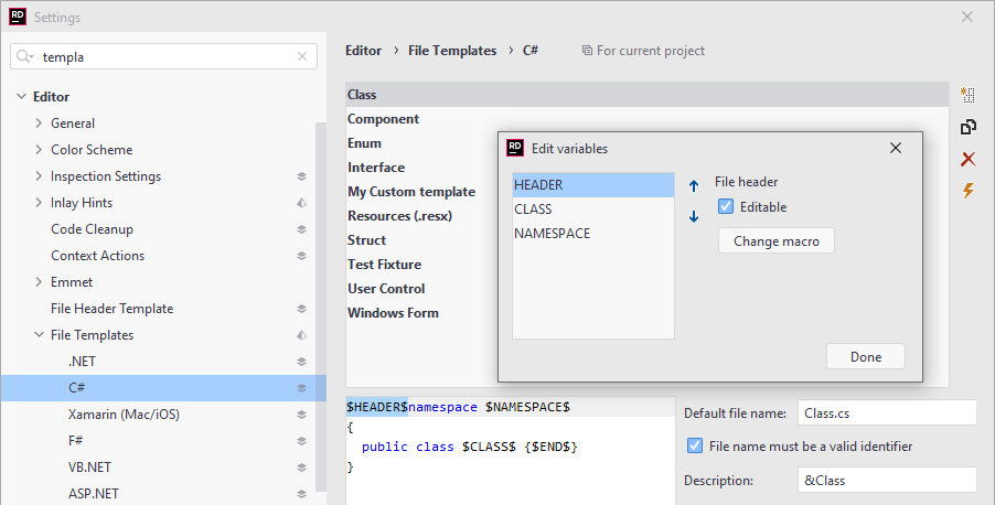 JetBrains Rider: File template with file header