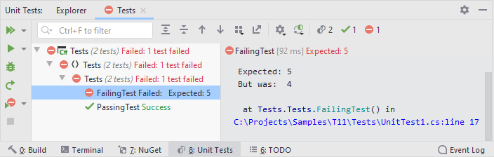 JetBrains Rider: Unit test execution results