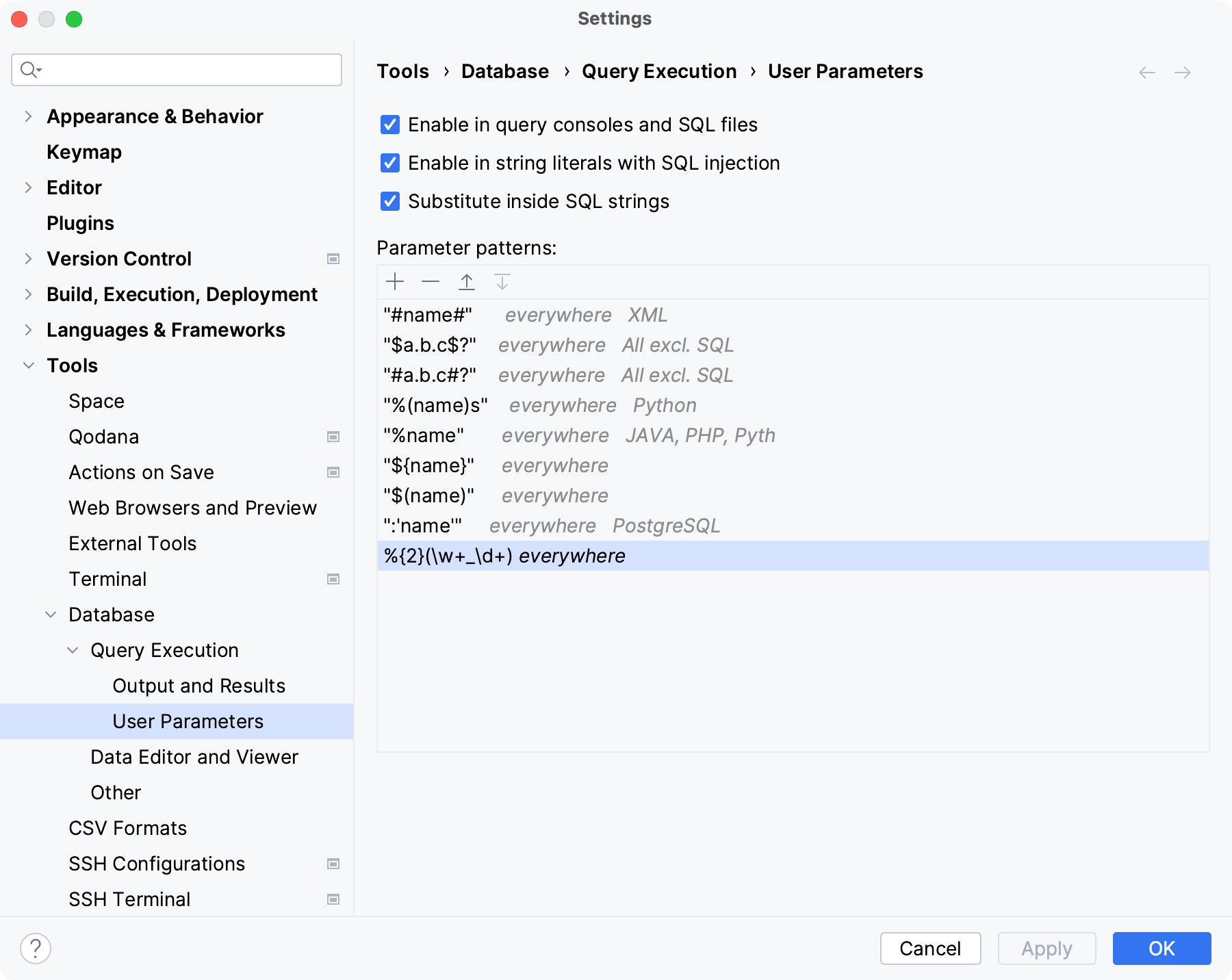 Example of a parameter pattern in IDE Settings dialog