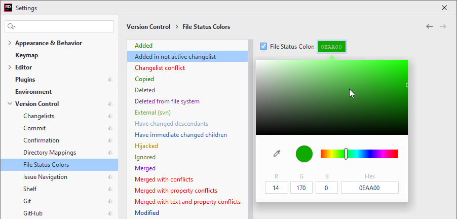 JetBrains Rider: Configure VCS file status colors