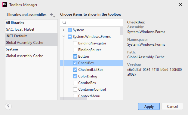 JetBrains Rider: Manage controls available in the Windows Forms designer