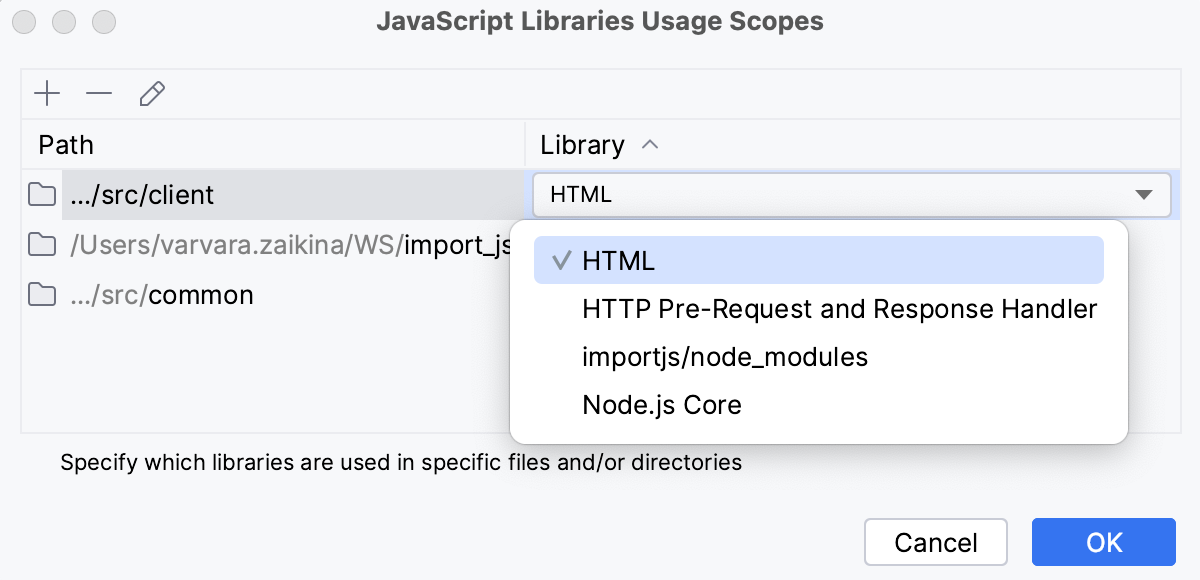 Specify scope: HTML library selected