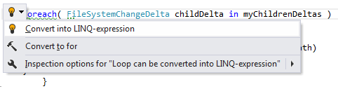 JetBrains Rider: Converting a loop to a LINQ expression quick-fix