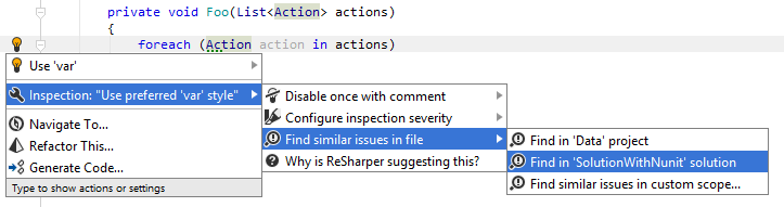 JetBrains Rider: Using action list to find similar issues