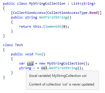 Using JetBrains.Annotations to improve code analysis of collection access