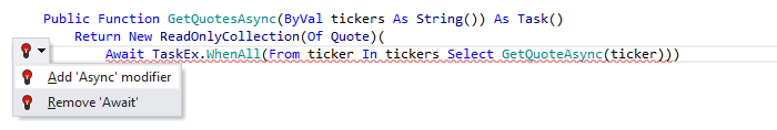 JetBrains Rider: Visual Basic support. Add 'Async' modifier quick-fix