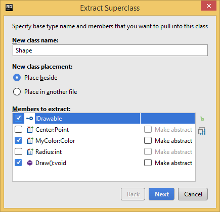 JetBrains Rider. Extract Superclass (Base class) refactoring