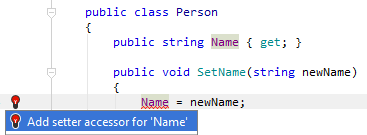 JetBrains Rider: quick-fix for a missing setter