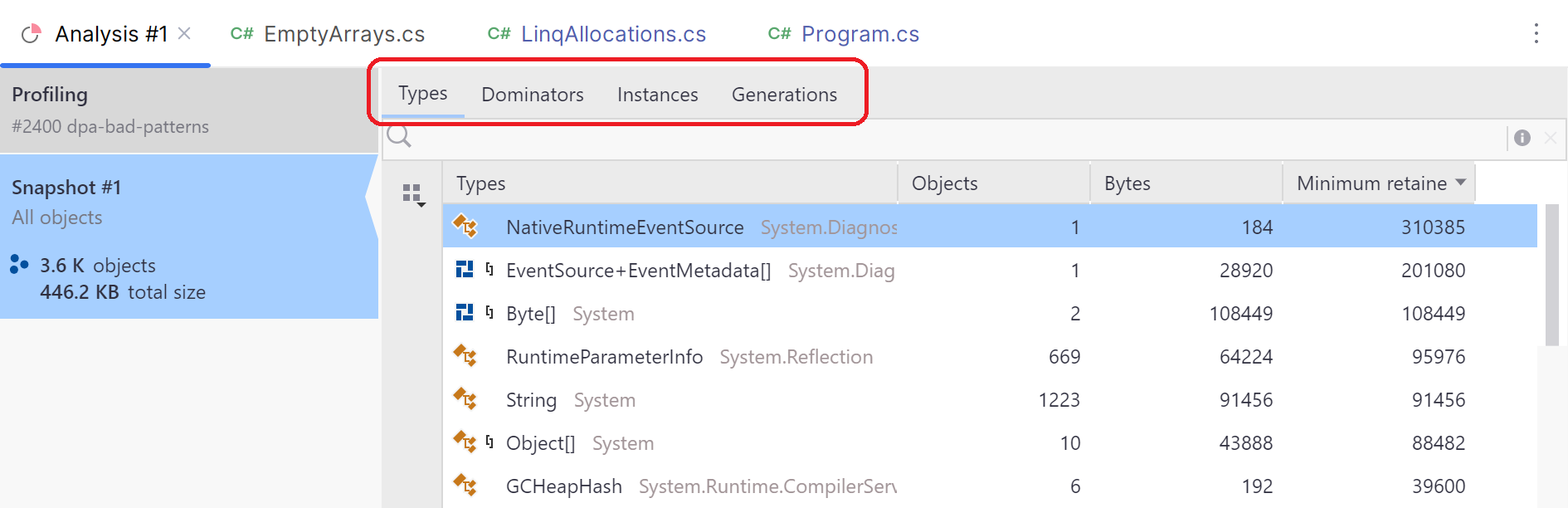 dotMemory in Rider: Analyzing object set