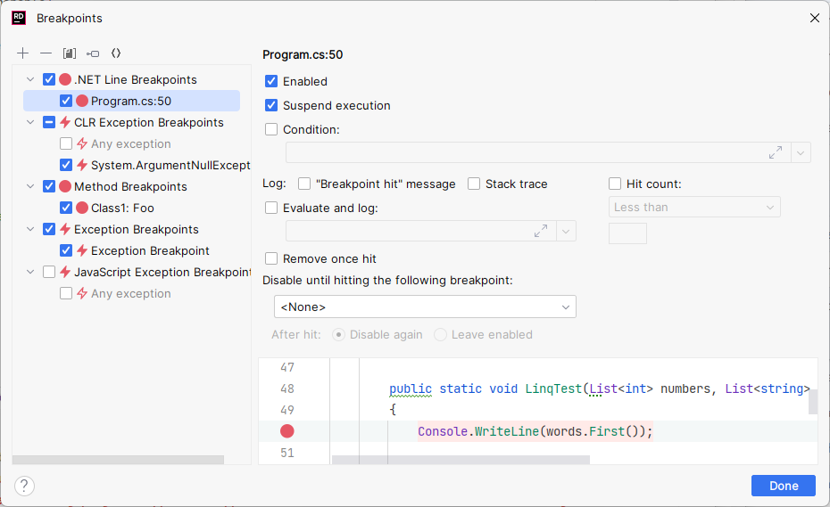 JetBrains Rider: Breakpoints dialog