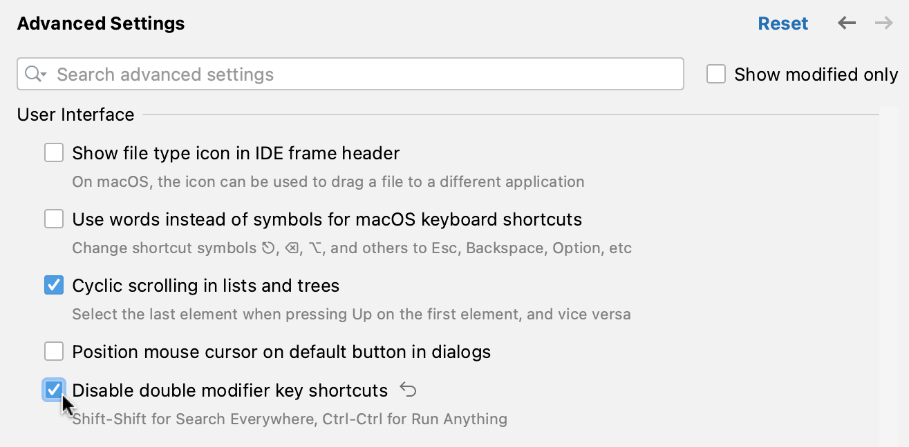 Disabling the double-key shortcuts