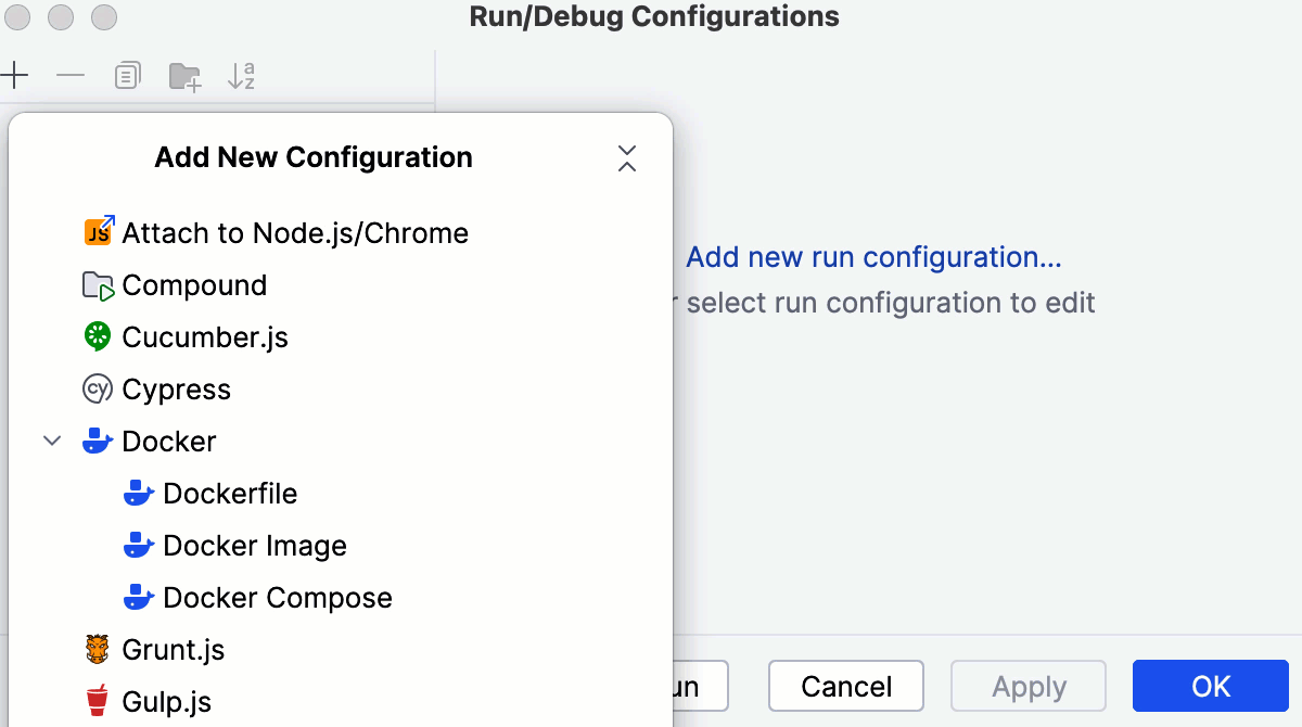 Start creating a run/debug configuration