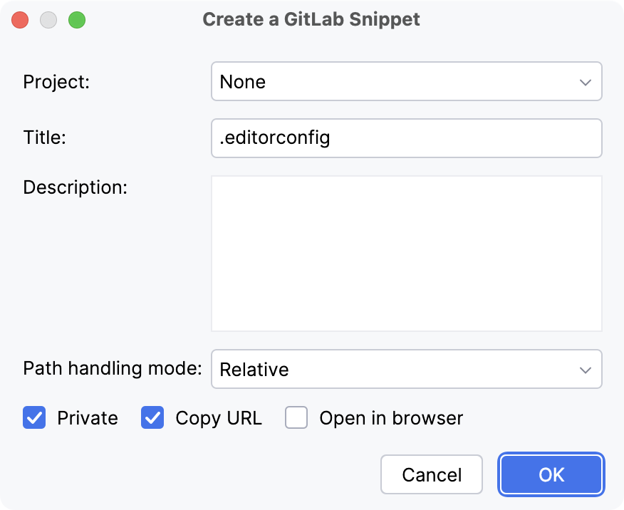 A dialog with a list of options to create a GitLab snippet
