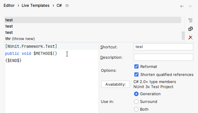 JetBrains Rider: Live tempaltes for unit test methods